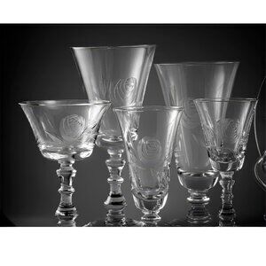 77 Items Fostoria Rose Cut Crystal Stemware, Plates, Cups, Platter Vintage